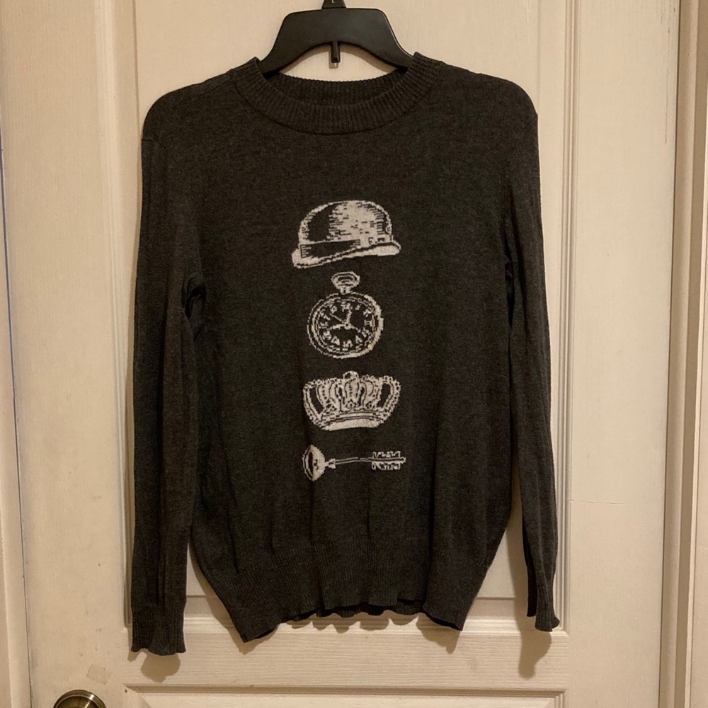 XS Thakoon Dark Gray Crewneck Sweater with Graphic Hat Clock Crown Key